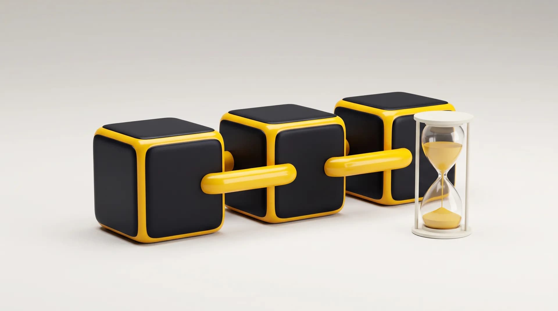 Trois cubes noirs bordés de jaune reliés en ligne, avec un petit sablier blanc au sable jaune posé à leur droite