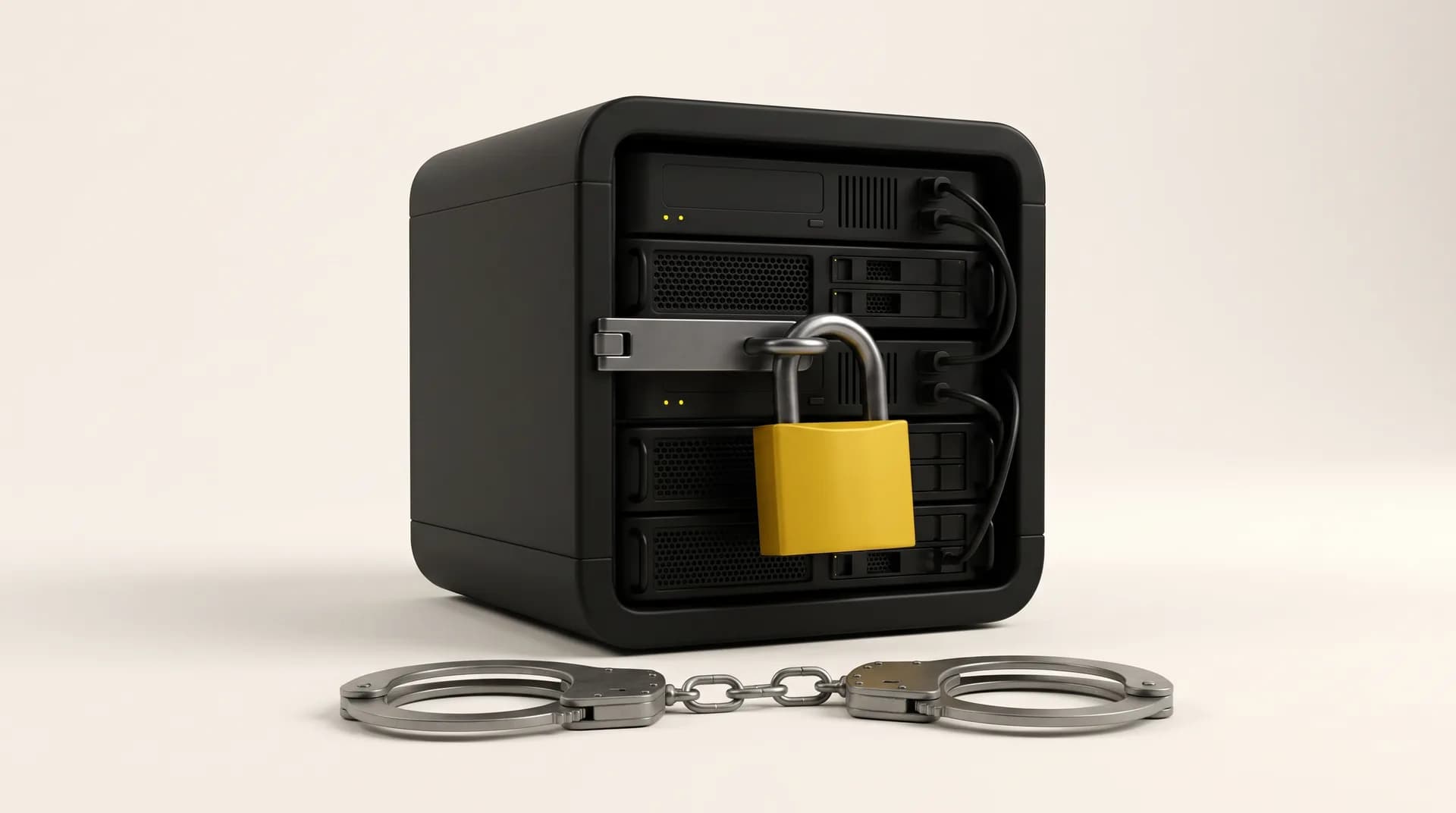 Serveur de minage noir fermé par un gros cadenas jaune, une paire de menottes métalliques posée à son pied