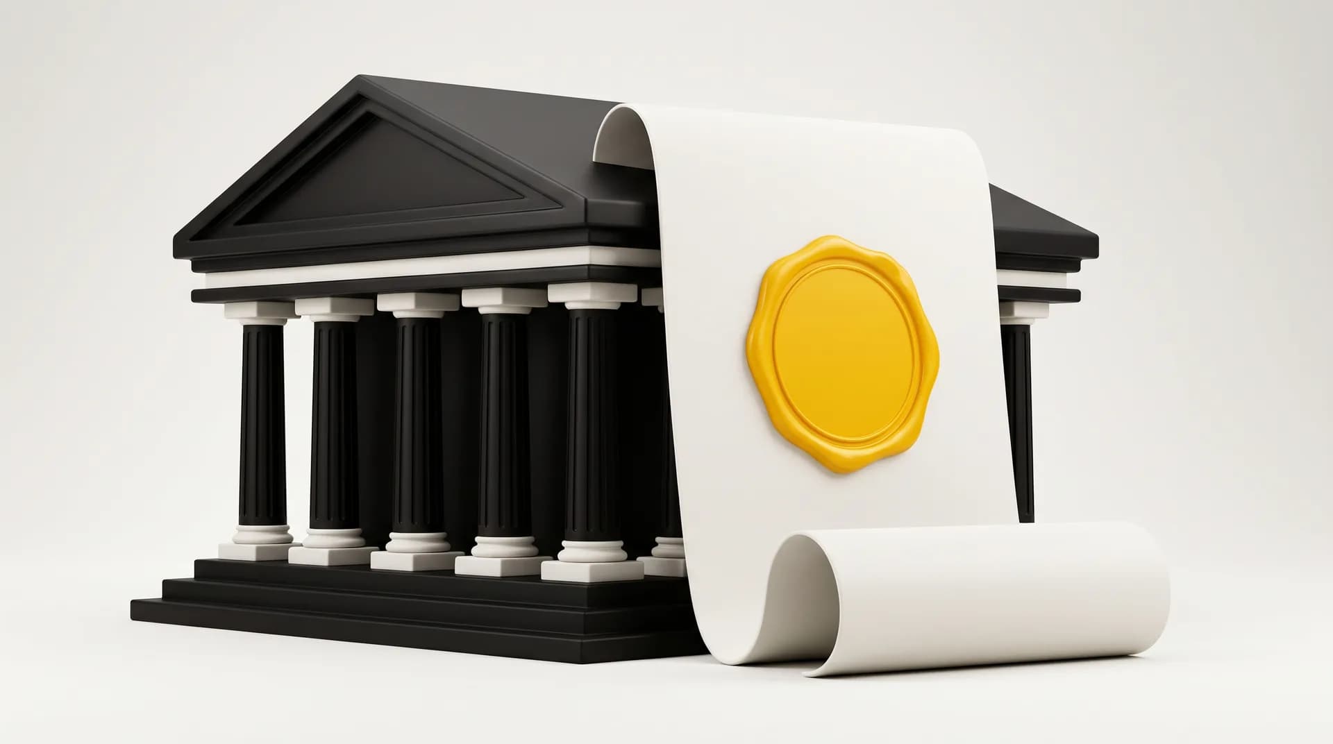 Bâtiment à colonnes noir, avec à sa droite un document déroulé fermé par un sceau de cire jaune posé contre lui